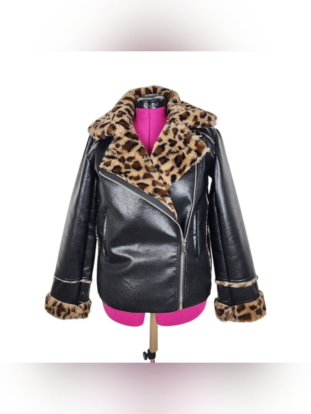 Black Faux Leather Moto Jacket with Leopard Faux Fur Accent